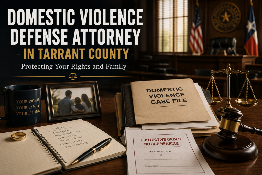 Domestic violence defense attorney in Tarrant County courtroom scene representing family protection, legal defense, and constitutional rights.