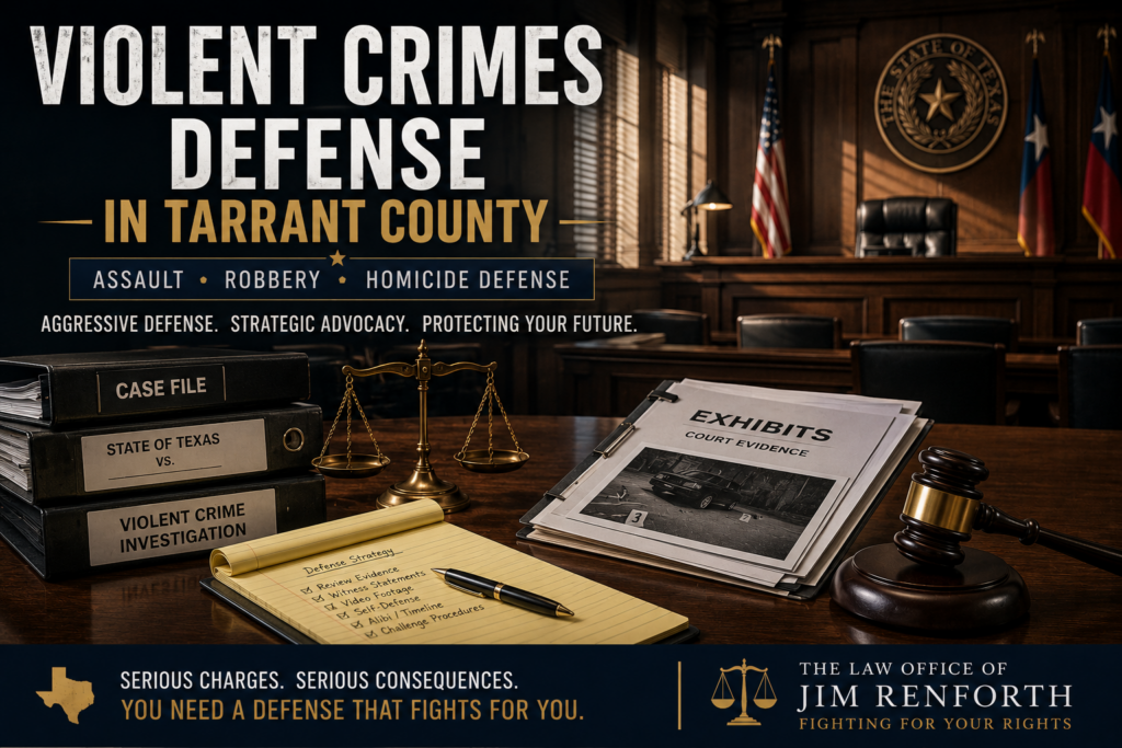 Texas courtroom representing violent crimes defense in Tarrant County involving serious felony criminal charges.