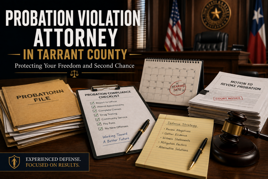 Probation compliance records, court documents, and legal strategy materials representing probation violation defense in Tarrant County.