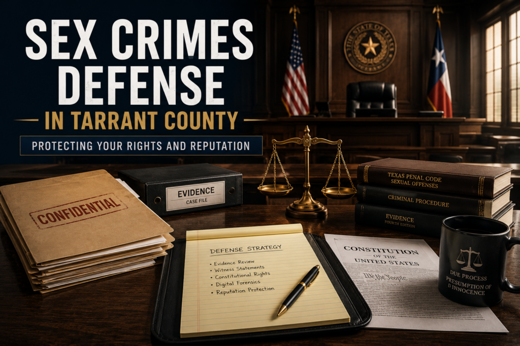 Sex crimes defense in Tarrant County courtroom scene representing protection of constitutional rights, evidence review, and criminal defense.